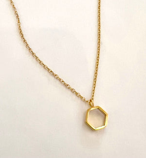 Hollow hex pendant on gold plated 16”chain