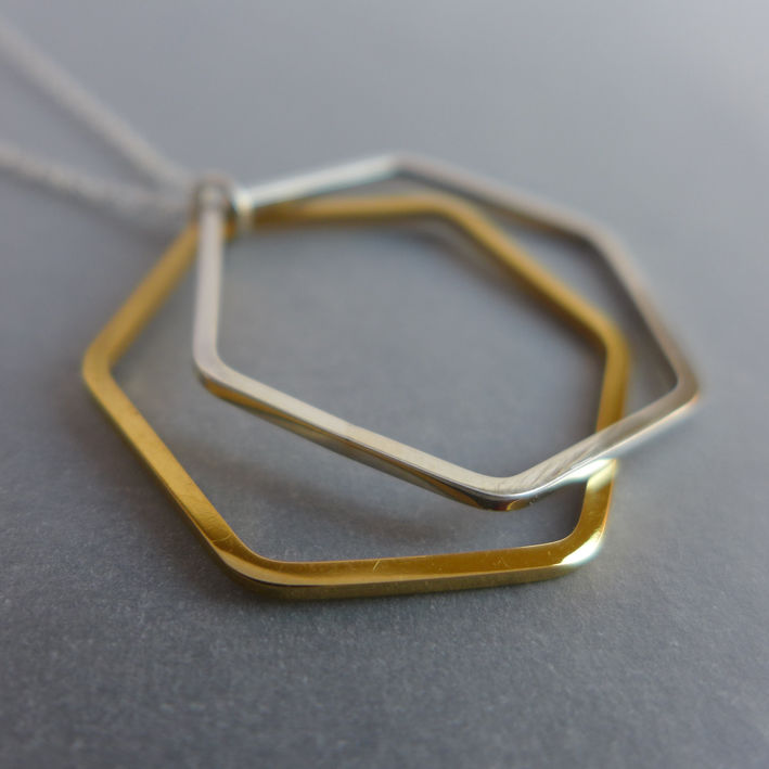 Double hexagon wire silver and gold vermeil pendants on 18" chain