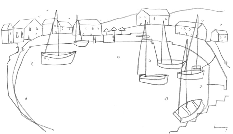 Original contemporary line drawing of Padstow, Cornwall by Katty McMurray