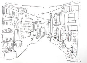 Original contemporary line drawing of Brighton's North Laine by Katty McMurray